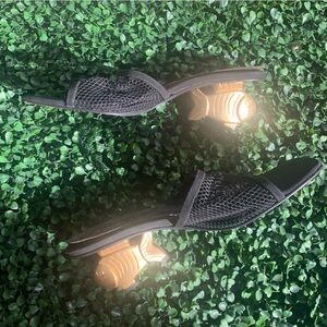 Vintage designer Ramon Tenza black w sculptural gold tone fish block heels